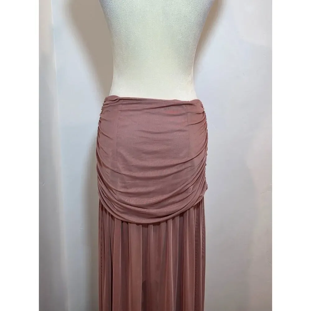 Anthropologie Maxi Skirt Ruched Dusty Pink Micro Mesh Sheer Long Large Cover Up